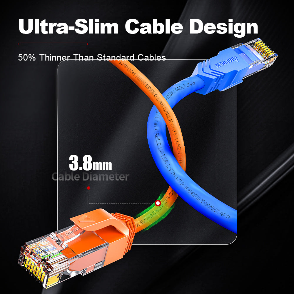 AMPCOM Cat6a 28AWG UTP Patch Cable, Ultra-Slim, LSZH, for High-density Data Center Cabling